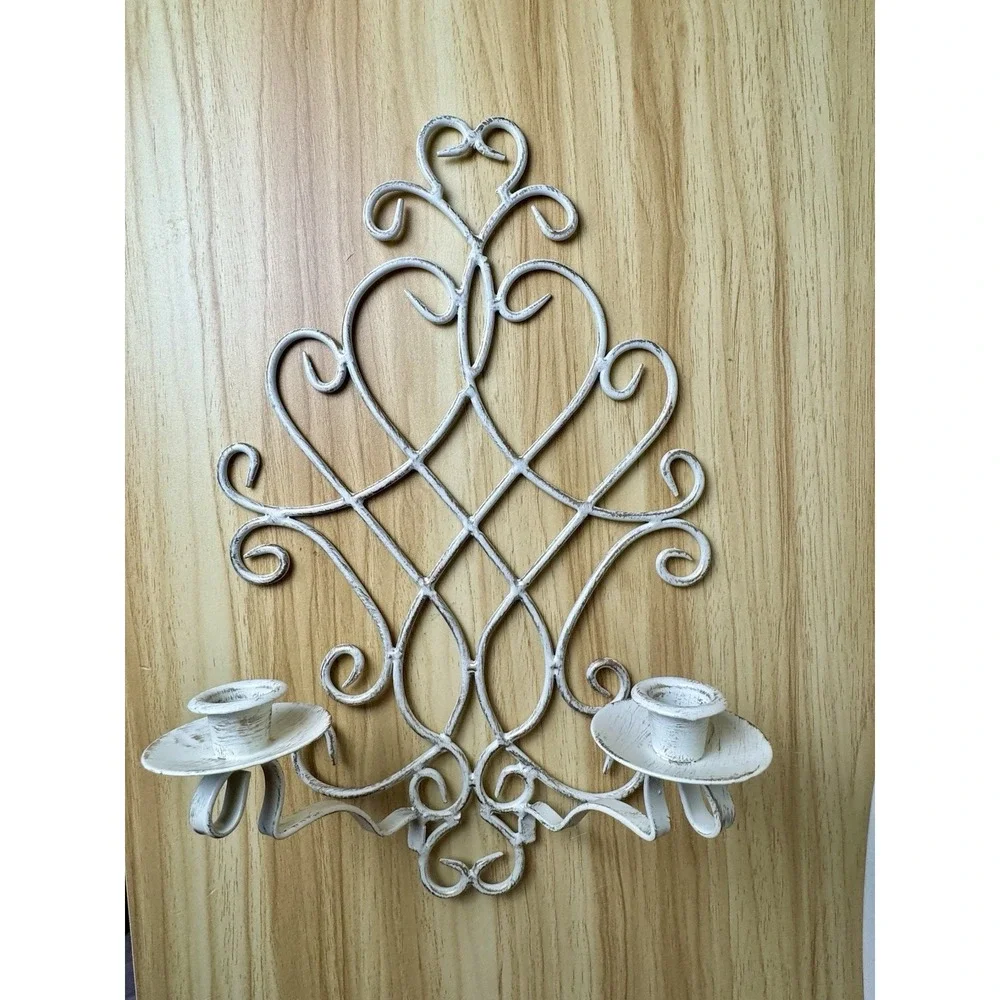 Vintage French Country Distressed Metal Wall Sconce Candle Holder Pair Cream 16